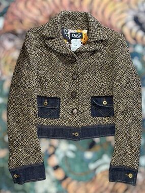 Vintage Dolce And Gabbana Tweed Wool Cropped Blazer Jacket Size 44 Made In Italy